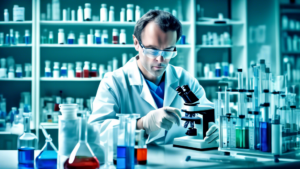 A scientific laboratory with beakers, test tubes, and microscopes in the foreground, and a doctor or nurse holding a medicine bottle in the background. The