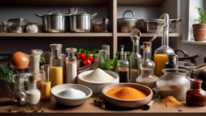 A kitchen setting with various ingredients and cookware used to prepare a meal. The ingredients and cookware are arranged in a way that illustrates the che