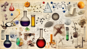 A collage of everyday objects and substances with chemical formulas and equations superimposed over them, illustrating the presence and significance of che