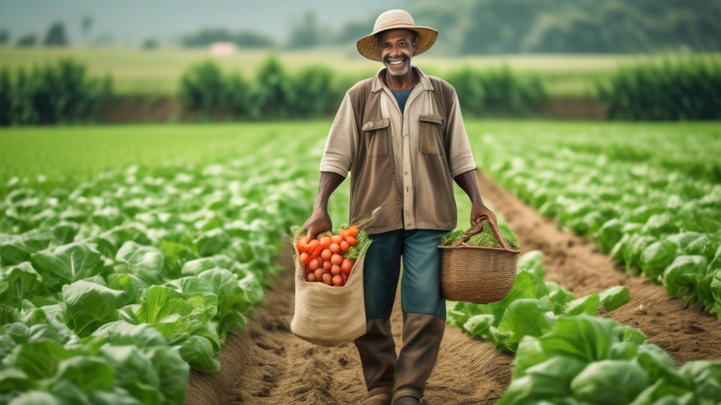 An image of a farmer standing in a field, surrounded by lush crops. The farmer is holding a bag of fertilizer in one hand and a basket of freshly harvested