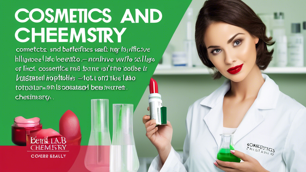 A beautiful woman with flawless skin, wearing a white lab coat, holding a beaker of green liquid and a tube of red lipstick. Text on the image reads: Cosme