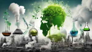 An image that visually represents the challenges and solutions related to environmental pollution and chemistry. This image can incorporate elements that s